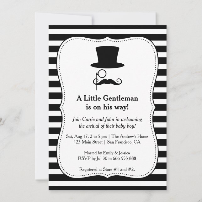 Chic Black Moustache baby boy shower invitation (Front)