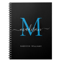 Chic Black Ocean Blue Monogram Script Name Initial