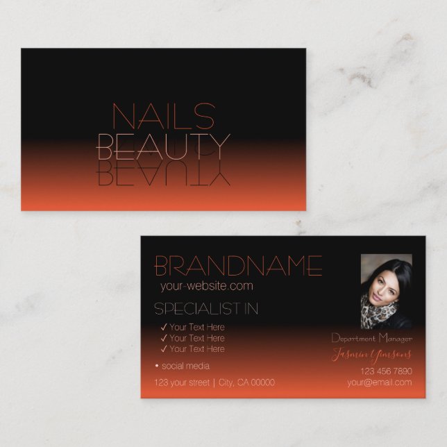 Chic Black Orange Mirror Font Classic with Photo Business Card (Front/Back)