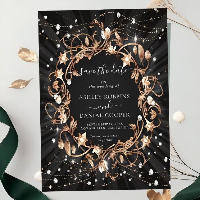 Chic Black Ornate Golden Leaves Save The Date Invitation (Creator Uploaded)