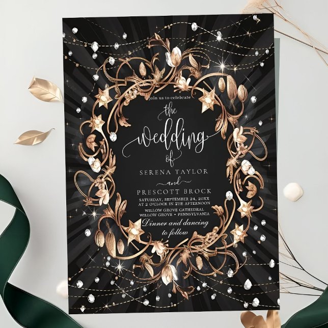 Chic Black Ornate Golden Leaves Wedding Invitation (Creator Uploaded)