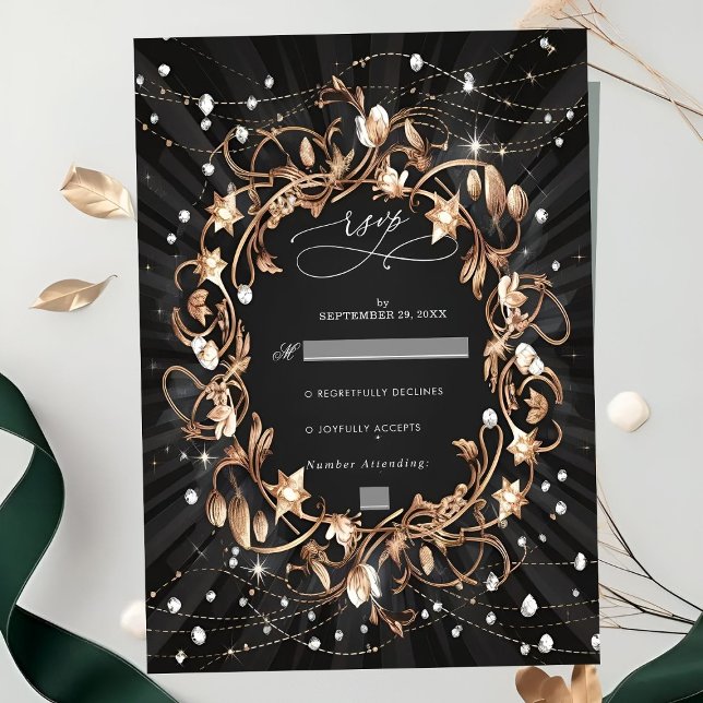 Chic Black Ornate Golden Leaves Wedding RSVP Card (Creator Uploaded)