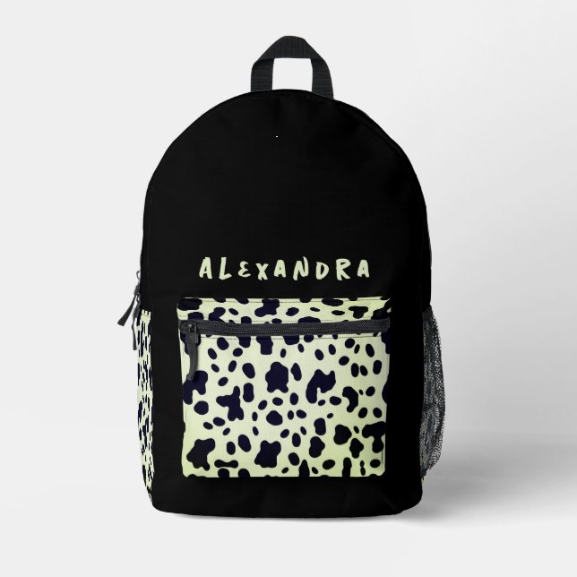 Chic Black Pastel Green Cow Animal Pattern Name Printed Backpack (Front)