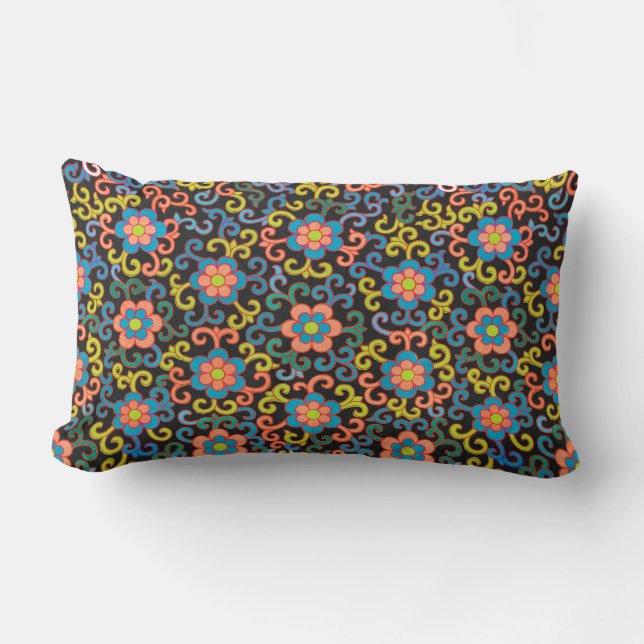 Chic Black Pattern with Colourful Floral  Lumbar Cushion (Front)