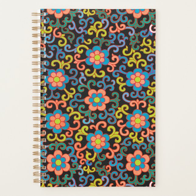 Chic Black Pattern with Colourful Floral  Planner (Front)