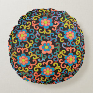 Chic Black Pattern with Colourful Floral Round Cushion