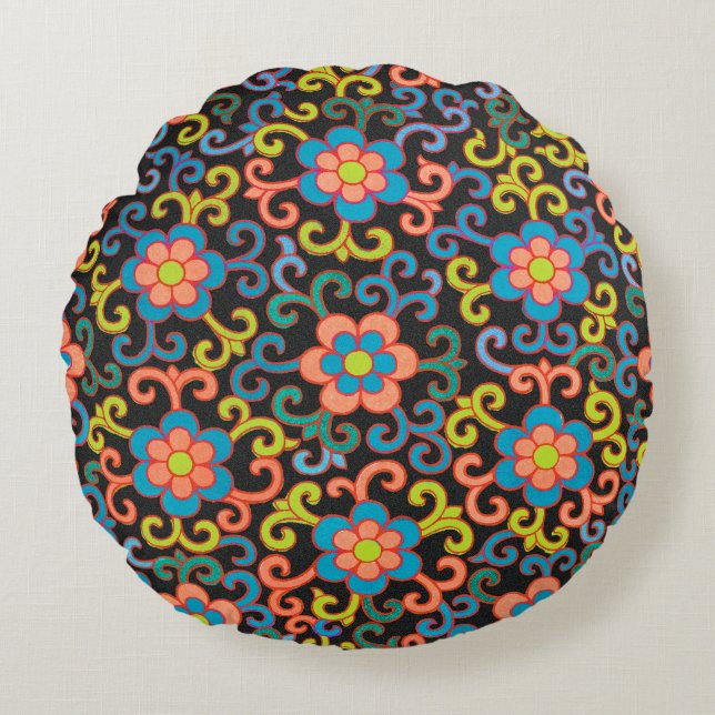 Chic Black Pattern with Colourful Floral  Round Cushion (Front)