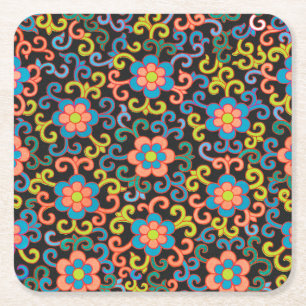 Chic Black Pattern with Colourful Floral  Square Paper Coaster