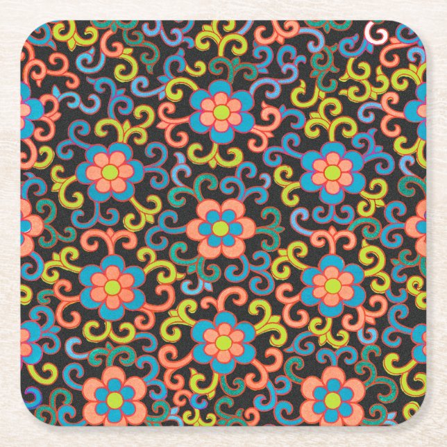 Chic Black Pattern with Colourful Floral  Square Paper Coaster (Front)