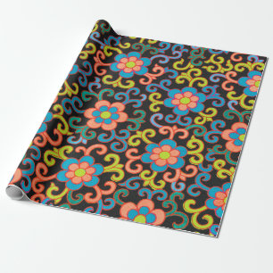 Chic Black Pattern with Colourful Floral Wrapping Paper
