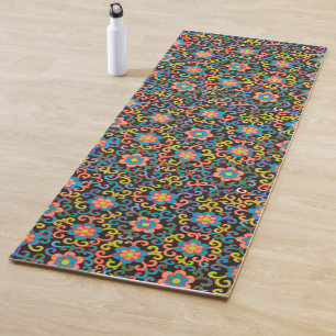 Chic Black Pattern with Colourful Floral Yoga Mat
