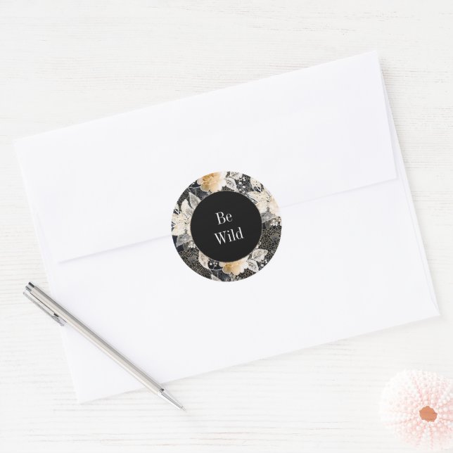 Chic Black Peach White Floral Leopard Animal   Classic Round Sticker (Envelope)