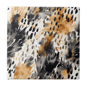 Chic Black Peach White Leopard Animal Print Ceramic Tile