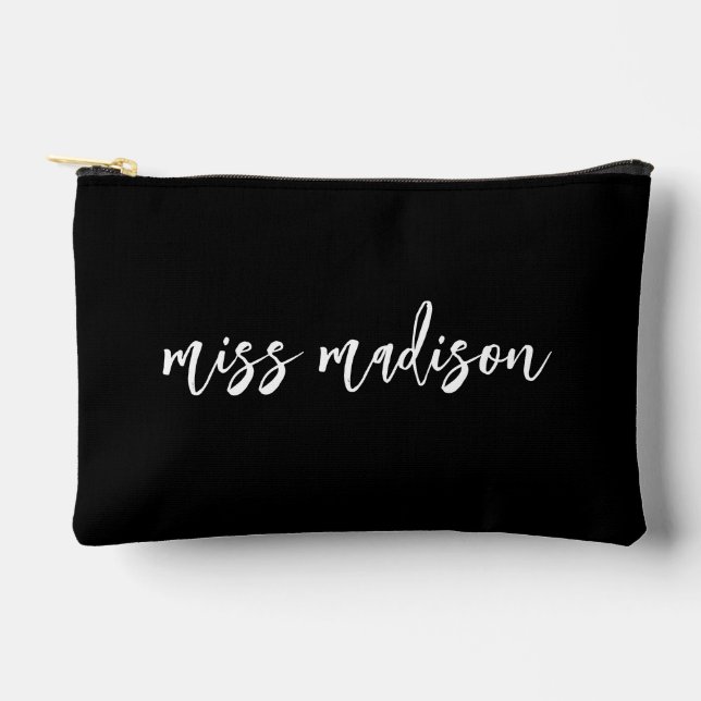 Chic Black Personalised Teacher's Name Script Accessory Pouch (Front)