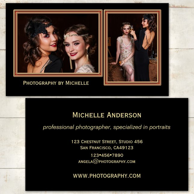 Chic Black Photographer Business Card (Photographer business card featuring your photos framed by a rose gold lining on black )