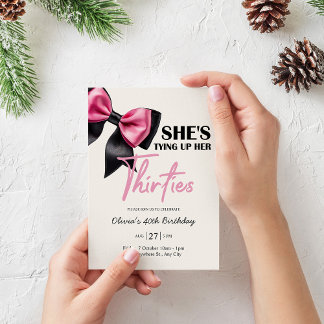 Chic Black & Pink Bow 40th Birthday Invitation