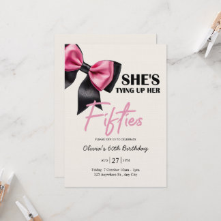 Chic Black & Pink Bow 60th Birthday Invitation