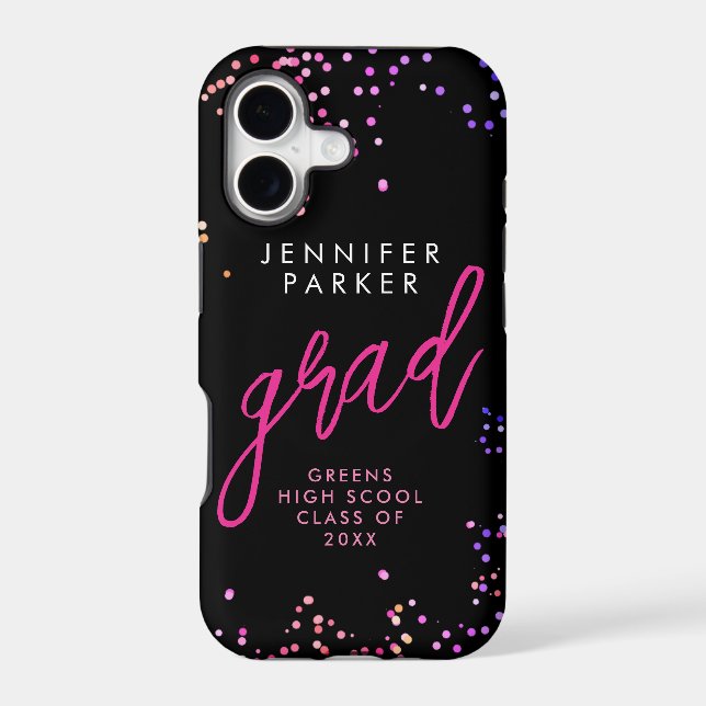 Chic Black Pink Confetti School Grad Modern Script (Back)