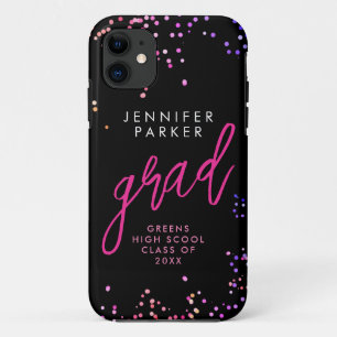 Chic Black Pink Confetti School Grad Modern Script iPhone 11 Case