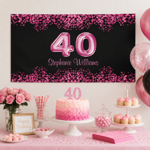 Chic Black Pink Faux Glitter 40th Birthday Party Banner
