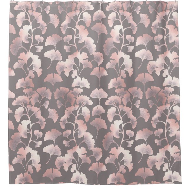Chic Black Pink Ginkgo Pattern Shower Curtain (Front)