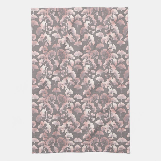 Chic Black Pink Ginkgo Pattern Tea Towel (Vertical)