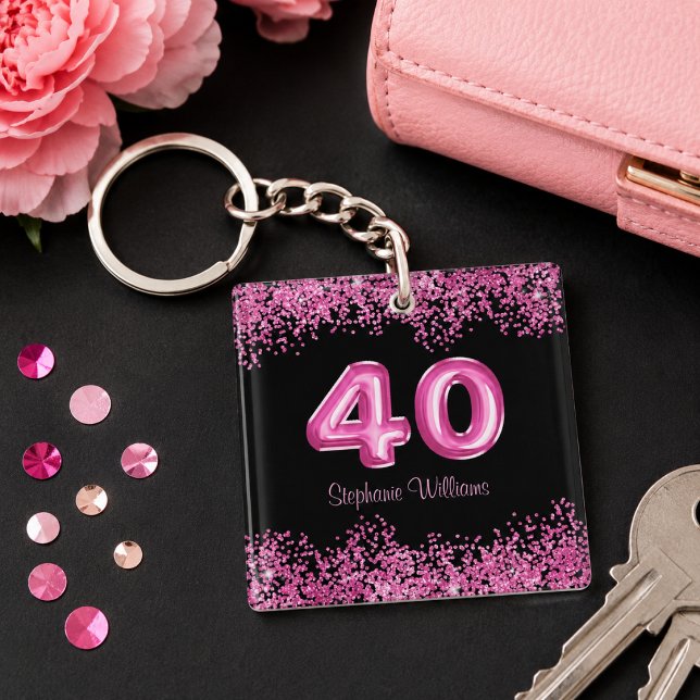 Chic Black Pink Glitter 40th Birthday Key Ring (Add name to customize.  Please see collection for matching items)