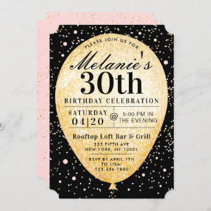 Chic Black Pink & Gold Balloon Birthday Invitation