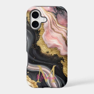 Chic Black Pink Gold Glitter Marble Monogram
