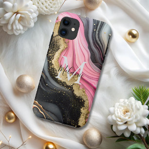 Chic Black Pink Gold Glitter Marble Monogram iPhone 11 Case