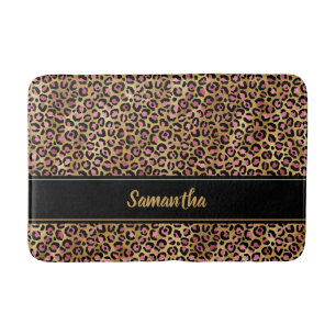 Chic Black Pink Gold Leopard Print Personalised Bath Mat