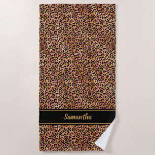 Chic Black Pink Gold Leopard Print Personalised Beach Towel