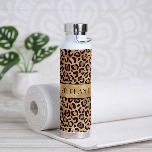 Chic Black Pink Gold Leopard Print Personalised Water Bottle (Yoga)