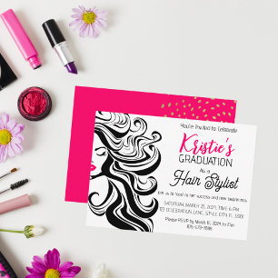 Chic Black Pink Hair Stylist Graduation Party Cute Card