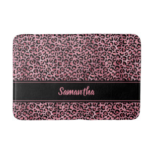 Chic Black Pink Leopard Print Personalised Bath Mat
