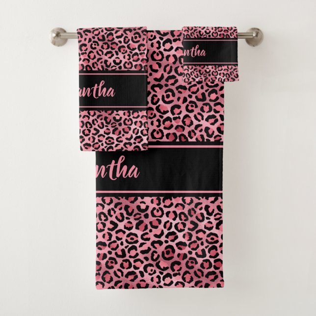 Chic Black Pink Leopard Print Personalised Bath Towel Set (Insitu)