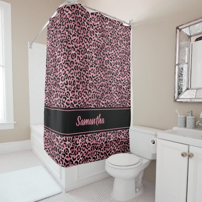 Chic Black Pink Leopard Print Personalised Shower Curtain (In Situ)