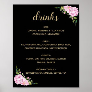 Chic Black Pink Roses Drinks Menu Poster