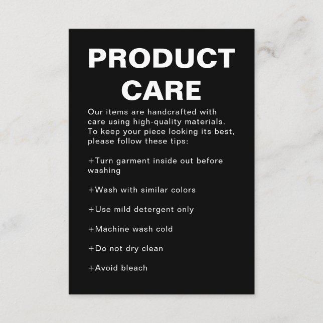 Chic Black Product Care Note Card (Front)