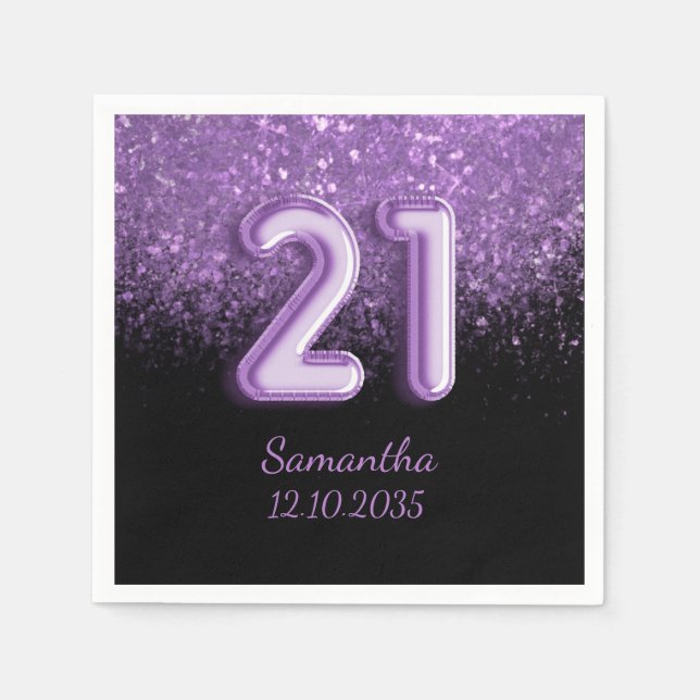 Chic Black & Purple Glitter Sparkle 21 Birthday Napkin (Front)