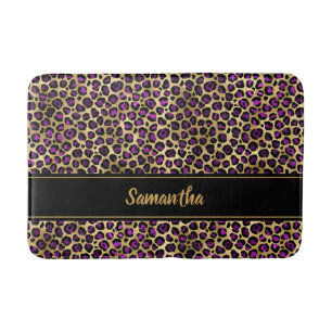 Chic Black Purple Gold Leopard Print Personalised Bath Mat