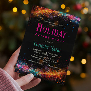 Chic Black Rainbow Glitter Holiday Office Party Invitation