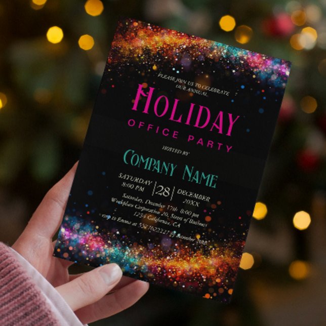 Chic Black Rainbow Glitter Holiday Office Party Invitation (Creator Uploaded)