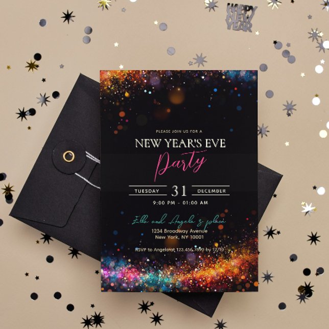 Chic Black Rainbow Glitter New Year's Eve Party Invitation (Creator Uploaded)