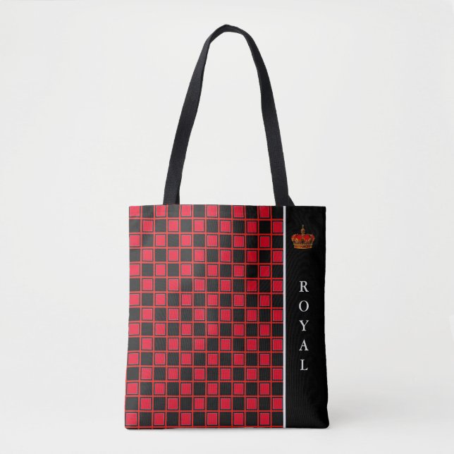 Chic black, & red chequered & calligraphy tote bag (Front)