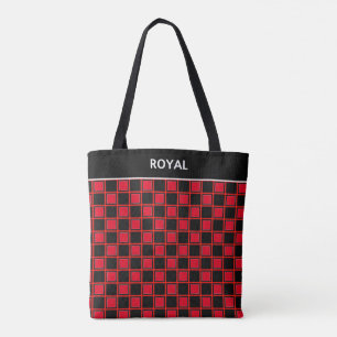 Chic black red chequered pattern & calligraphy tote bag
