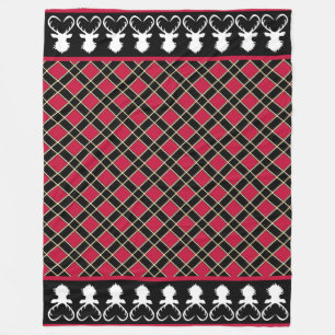 Chic Black  Red Chequered & Reindeer Silhouettes Fleece Blanket