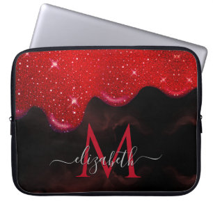 Chic black red drippings glitter marbling monogram laptop sleeve