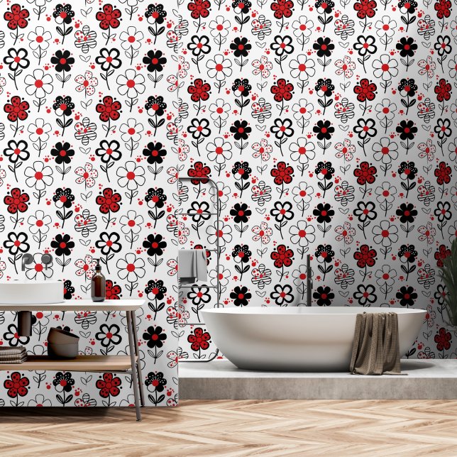 Chic Black Red Flowers Wallpaper (Bathroom)