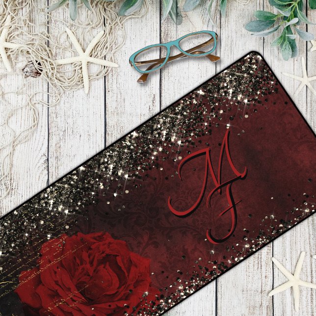 Chic black red gold glitter flower monogram notebo desk mat (Creator Uploaded)